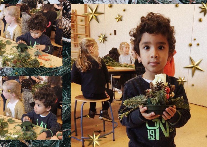 Dutch children make Christmas floral arrangements  with Avalanche + roses